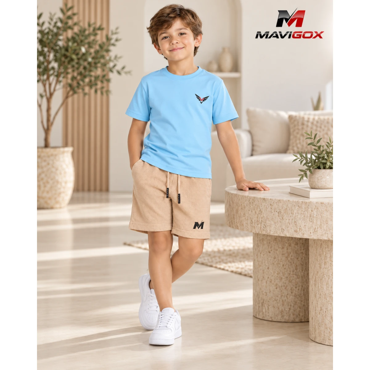 Polo Celeste + Short Beige